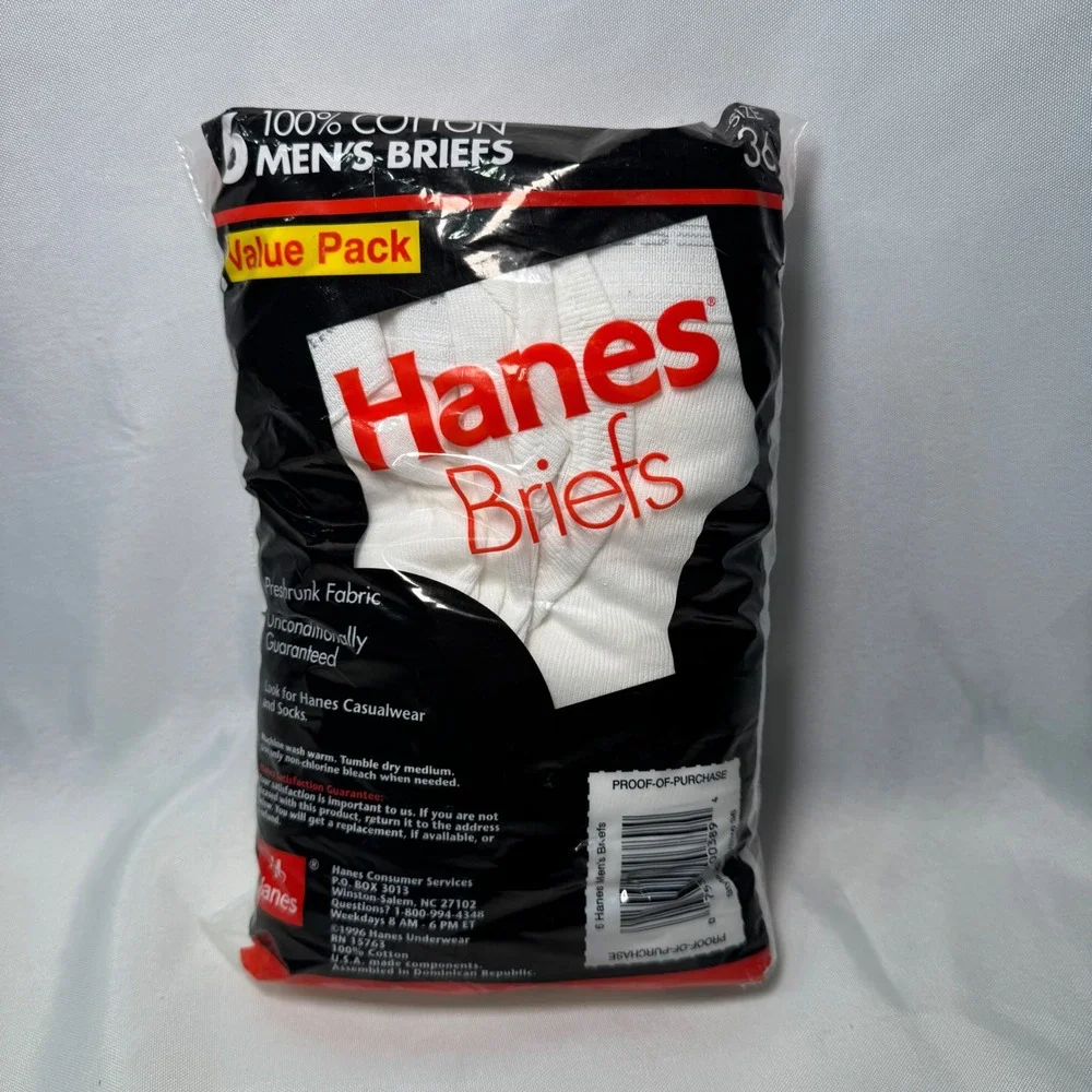 Vintage 1996 Hanes Mens Briefs 6-Pack White 100% Cotton Size 36 New Sealed